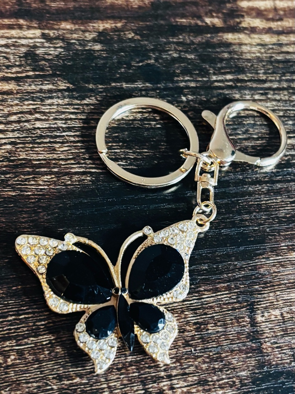 Gold Tone Black Butterfly Rhinestone Crystal Keychain Bag Charm Pendant